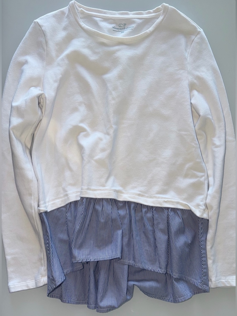 Vineyard Vines White Layered-Look Long Sleeve Top with Blue Stripe Hem